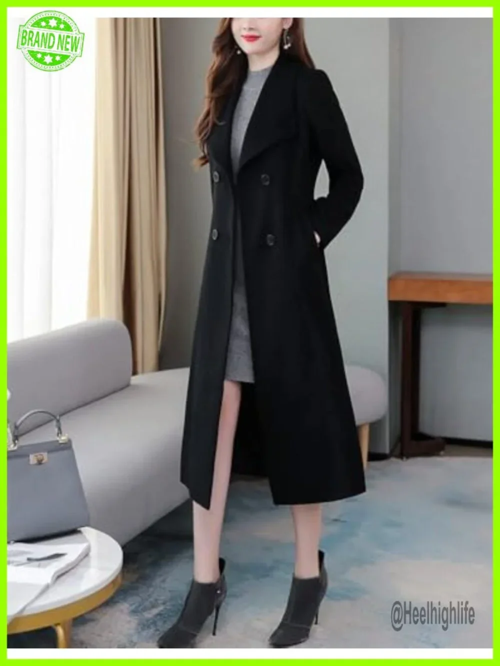 Shawl Collar Long Wool Coat Double Breasted Trench Peacoat